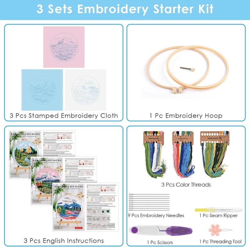 ERKOON 3 Sets Embroidery Kit, Floral Cross Stitch Set for Include Embroidery Cloth Hoops Threads for Craft Lover Hand Stitch (Landscapes) - Image 3